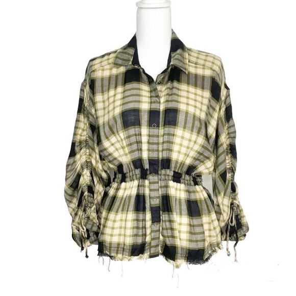 We The Free Pacific Dawn Plaid Snap Front Shirt Ruched Sleeves Tie Waist XS NWT - Picture 3 of 10
